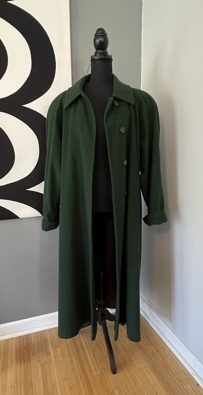 Vtg Wool Lambs wool Coat Green Long Made in USA Casual Corner Women’s Size 14